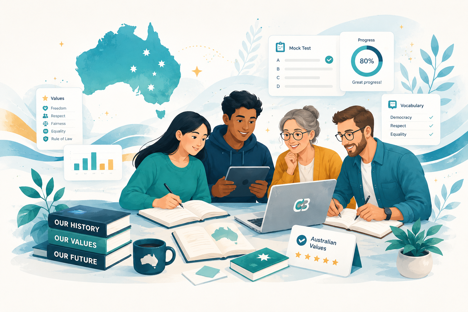 Diverse learners studying together for the Australian citizenship test